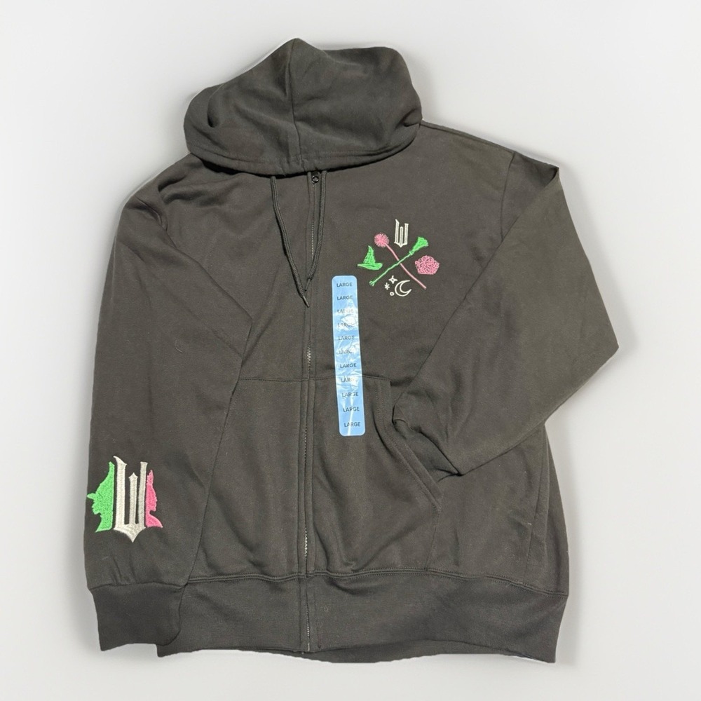 Wicked Movie 2024 NWT Embroidered Zip Up‎ Hoodie Womens Large Black Licensed